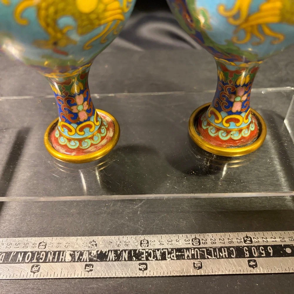 Vintage Chinese Cloisonne Enamel Phoenix Miniature Bud Vases Pair Turquoise 4in